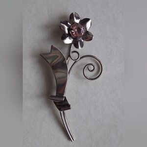 Big Sterling Silver Flower Brooch Pink Faceted Gemstone Large Vintage Coat Pin